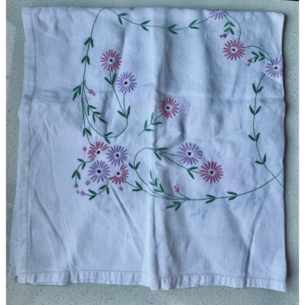 Vintage Hand Embroidered Floral Tablecloth 32" x 32" Pastel Colors Cotton Linen